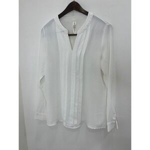 B Pleated Split Neck Blouse Women‎ Medium White Good Long Sleeve Textured Top